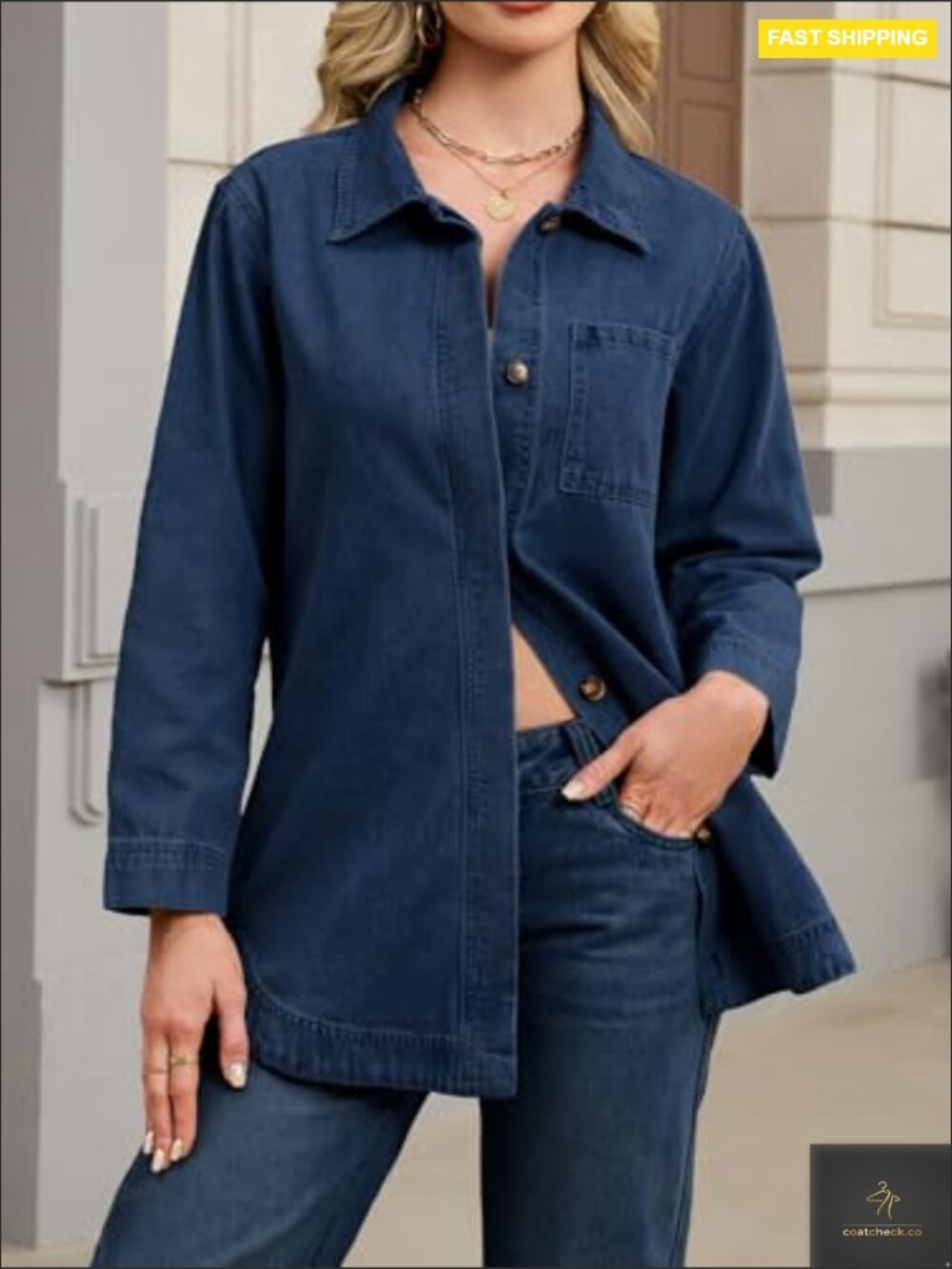 Vintage Washed Denim Jacket Oversized Long Sleeve Button Down Shacket with Tie - Picture 3 of 7